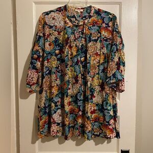 Umgee Floral Print Cut Out Flare Long Sleeve Blouse